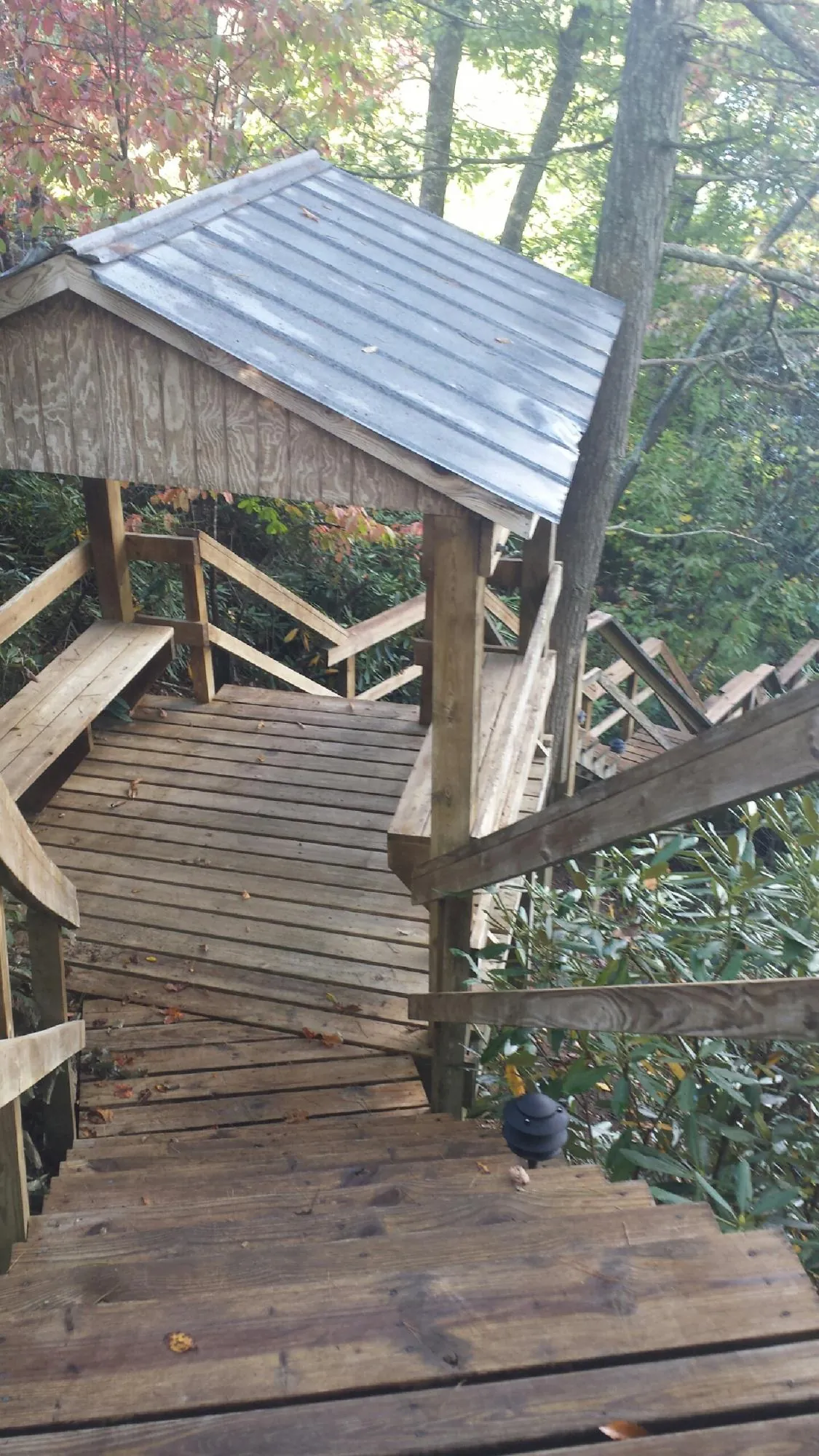 Metal roofed shelter over wooden steps on a wooded walkway — Skylight Repair & Installation work by our crew in Stitzer